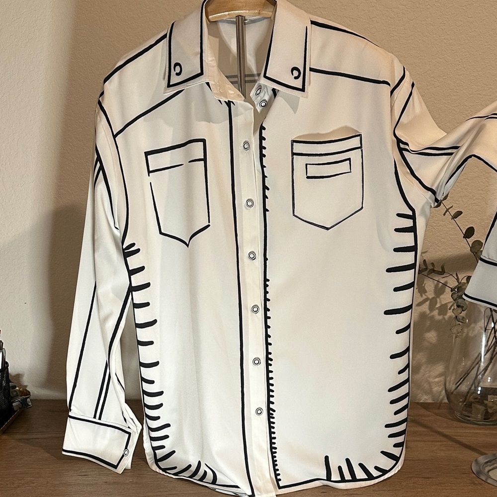 White Button-Up Shirt with Black Outline Design. SIZE XL
